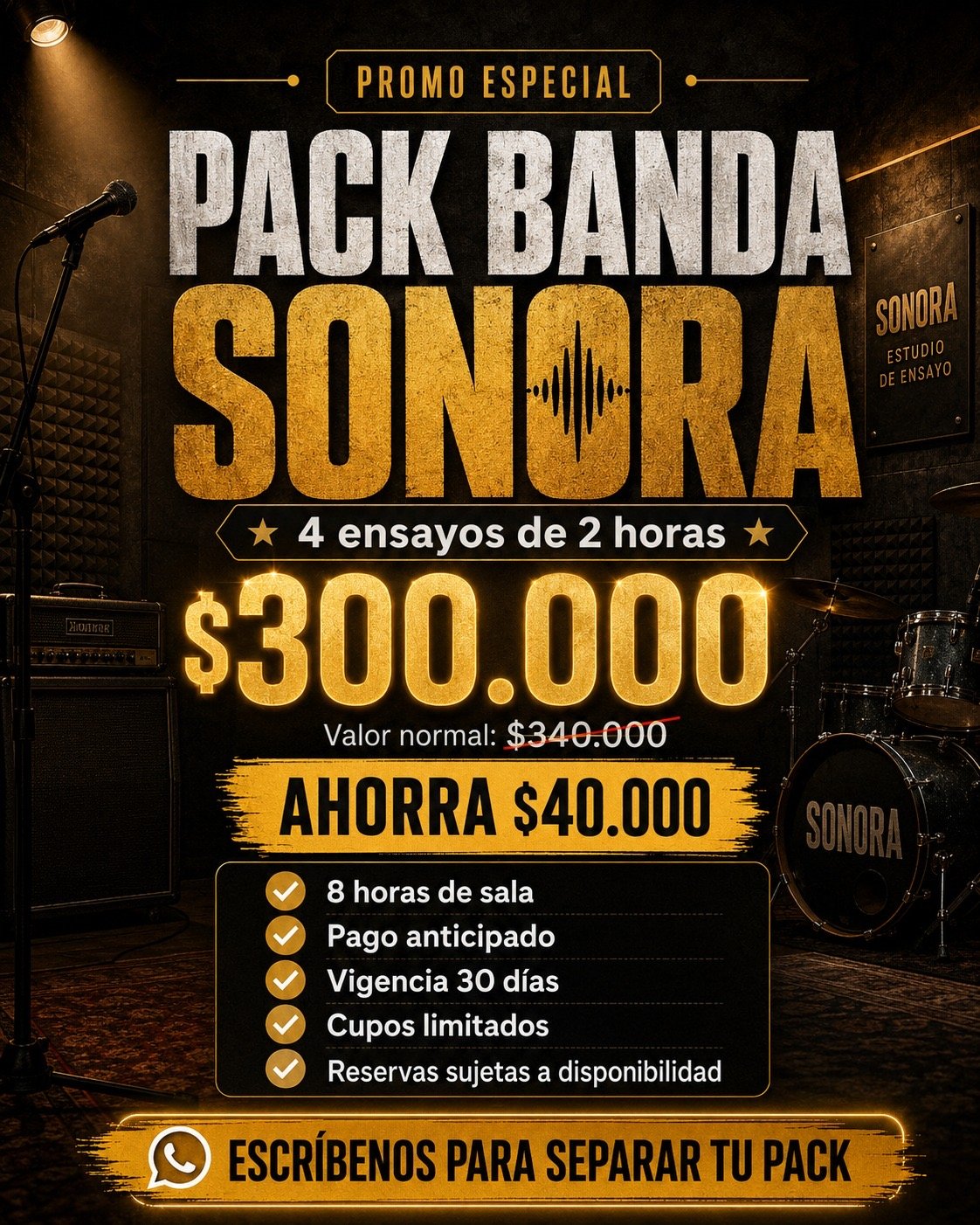 Pack Fidelidad Sonora - 4 ensayos de 2 horas por $300.000